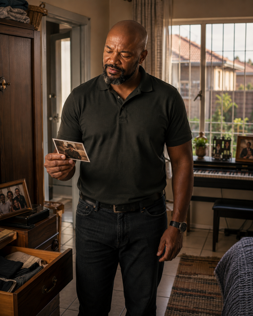 The Man Behind Father quietly looking at an old photograph that reminds him of who he was before fatherhood defined his daily life.