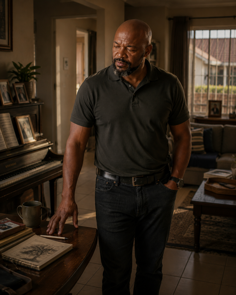 South African father reading family paperwork while an unused piano sits quietly behind him in the family lounge.