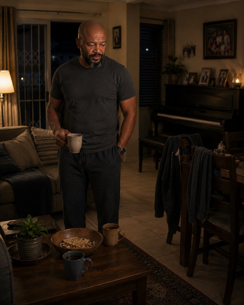 The Man Behind Father standing in his quiet lounge after his friends leave, surrounded by the stillness of an empty family home.