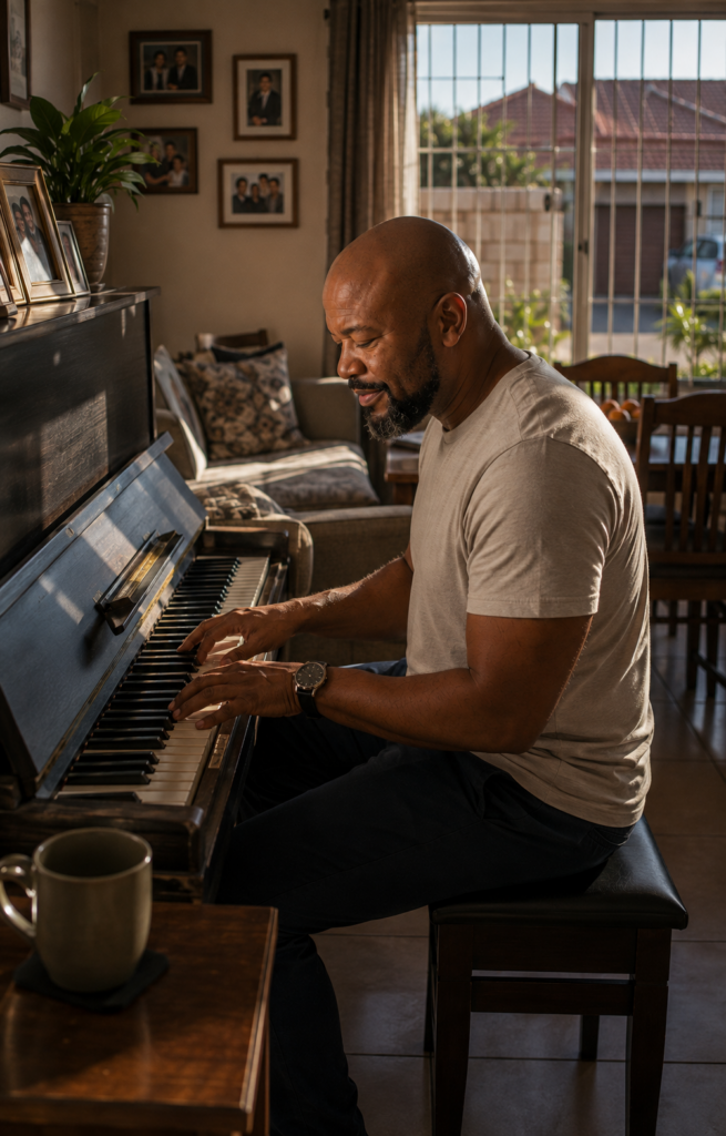 Middle-aged South African father quietly returning to his piano during a peaceful weekend morning at home.