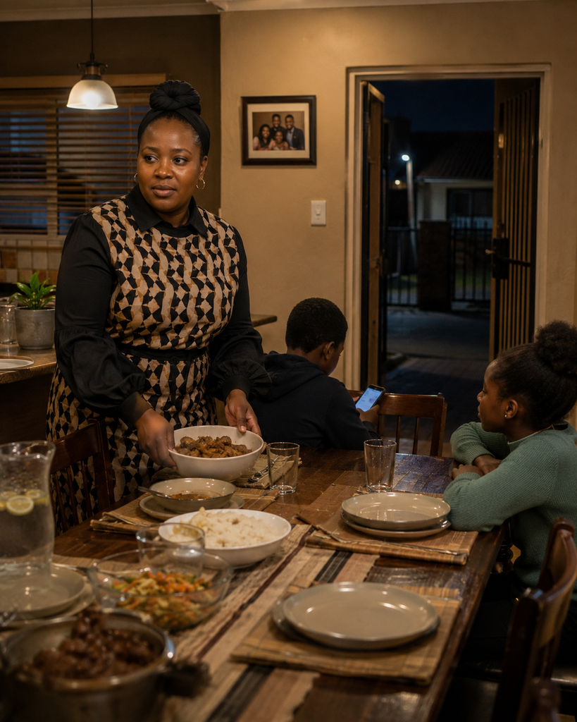 South African mother prepares the family dinner table while Father’s usual place remains empty as the household waits for him.