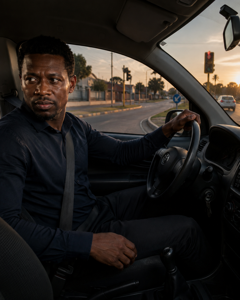 South African father driving home after work takes a familiar turn through a Klerksdorp street in the early evening.