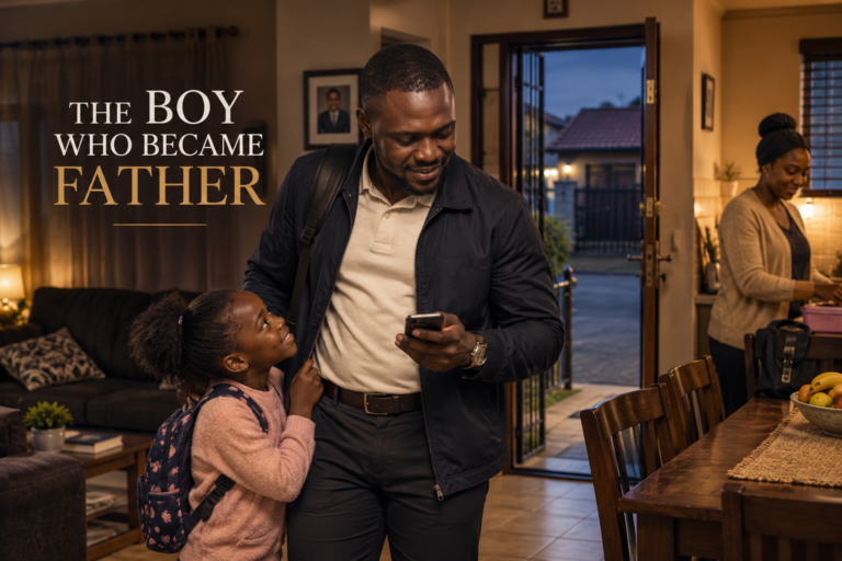 The Boy Who Became Father standing inside his South African family home with his child nearby after returning home.