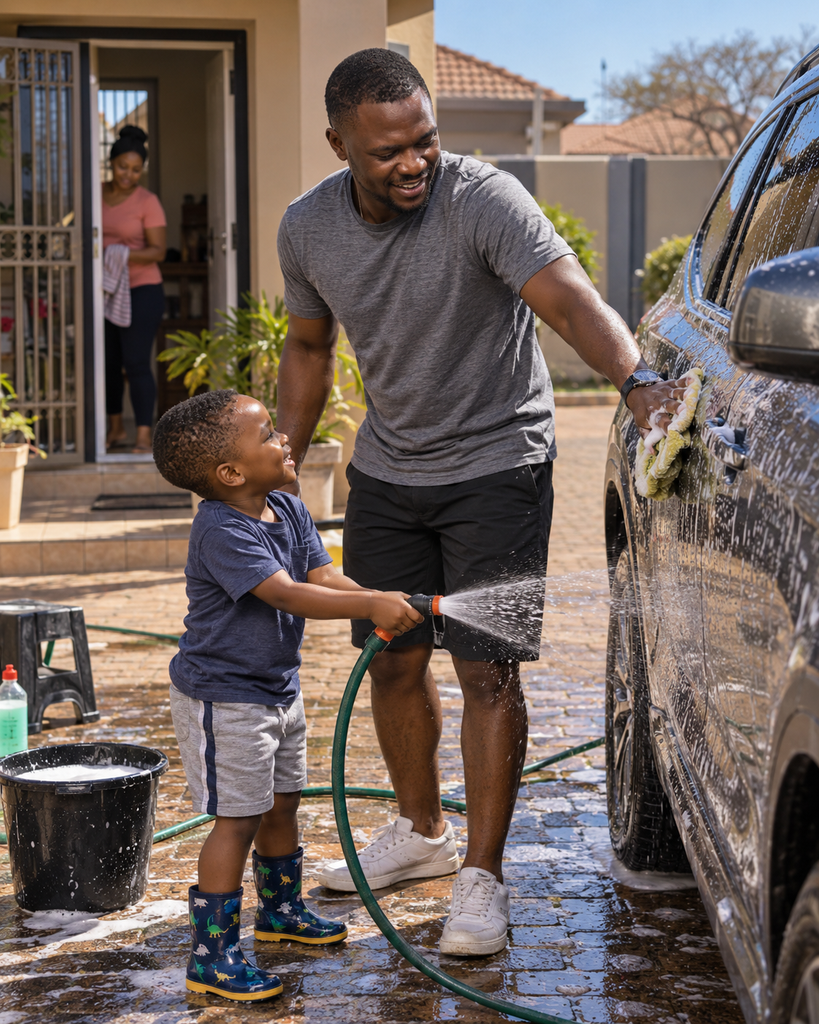 The Boy Who Became Father washing the family car with his young child nearby at their South African home.