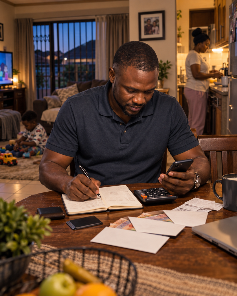 The Boy Who Became Father calculating the monthly household budget at the dining table while family life continues around him.
