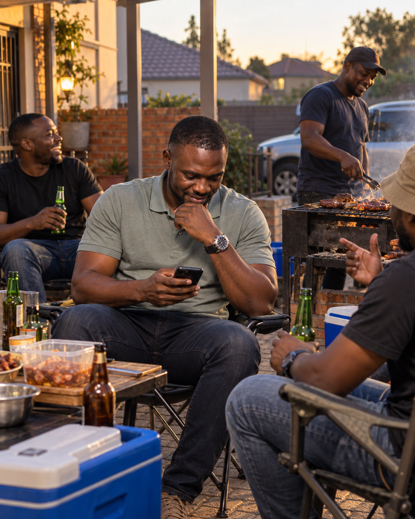 South African father checking his phone during a weekend braai with friends in a Klerksdorp backyard.