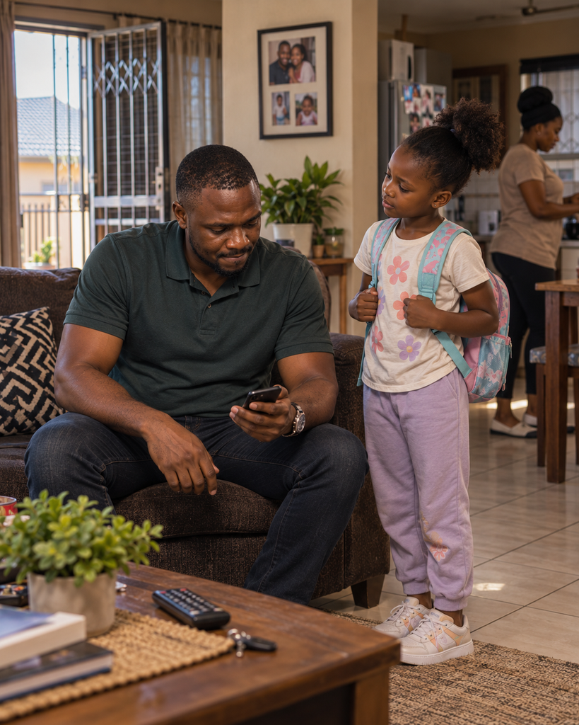 South African father pausing with his phone as his child waits expectantly beside him at home.