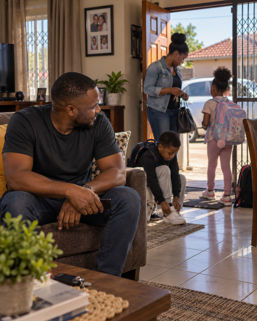 Mother and children preparing for a weekend outing while Father watches from the lounge of their South African home.
