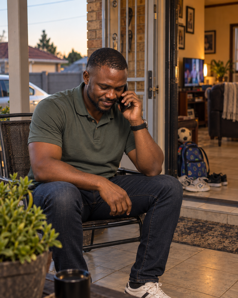 a south african man speaking to his mother by phone while sitting outside his South African family home.