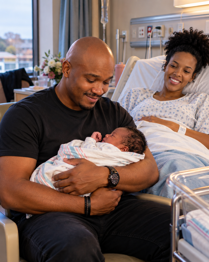 A new father quietly holds his newborn child for the first time beside Mother in a South African maternity room.