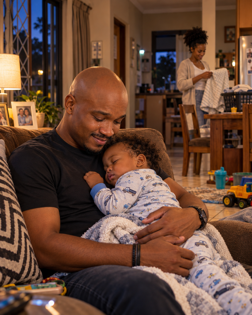 A South African Father looks down at his sleeping toddler during an ordinary evening at home.
