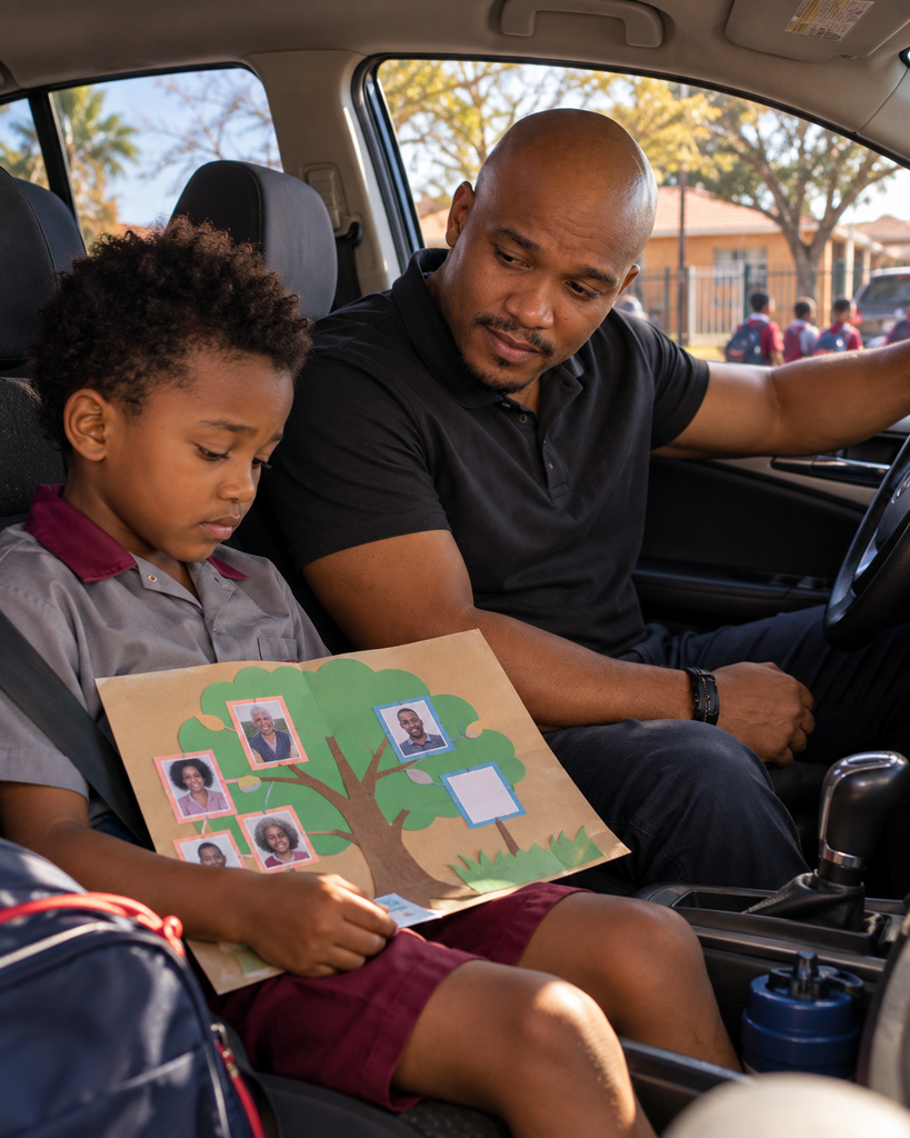 The Father Who Never Had One looks toward his quiet child holding a family-tree project inside their parked car.