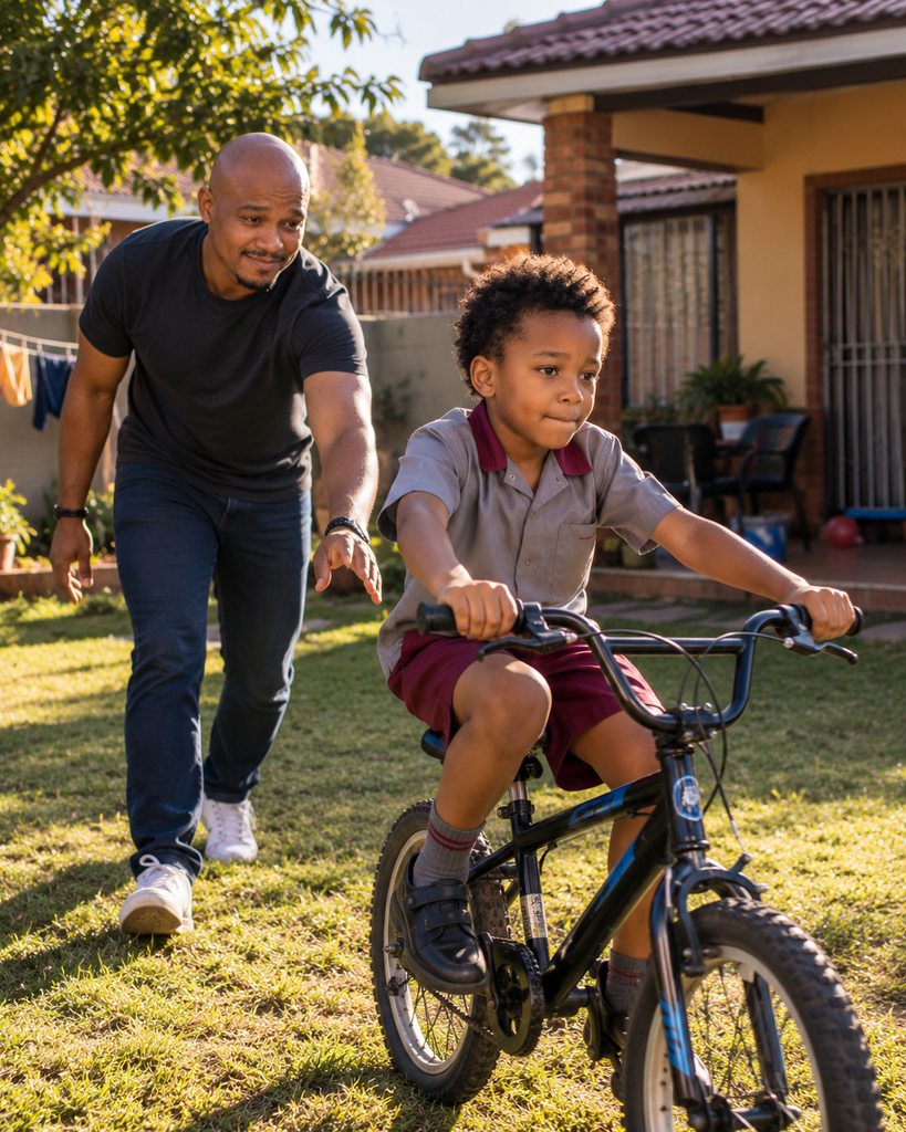Father watches his eight-year-old child ride a bicycle after letting go during an afternoon lesson at home.