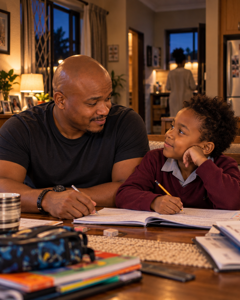 The Father Who Never Had One shares a quiet look with his eight-year-old child while helping with homework.