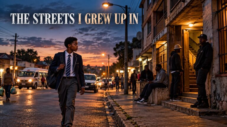 The Streets I Grew Up In showing a private-school boy walking through his South African community as daylight fades into night.
