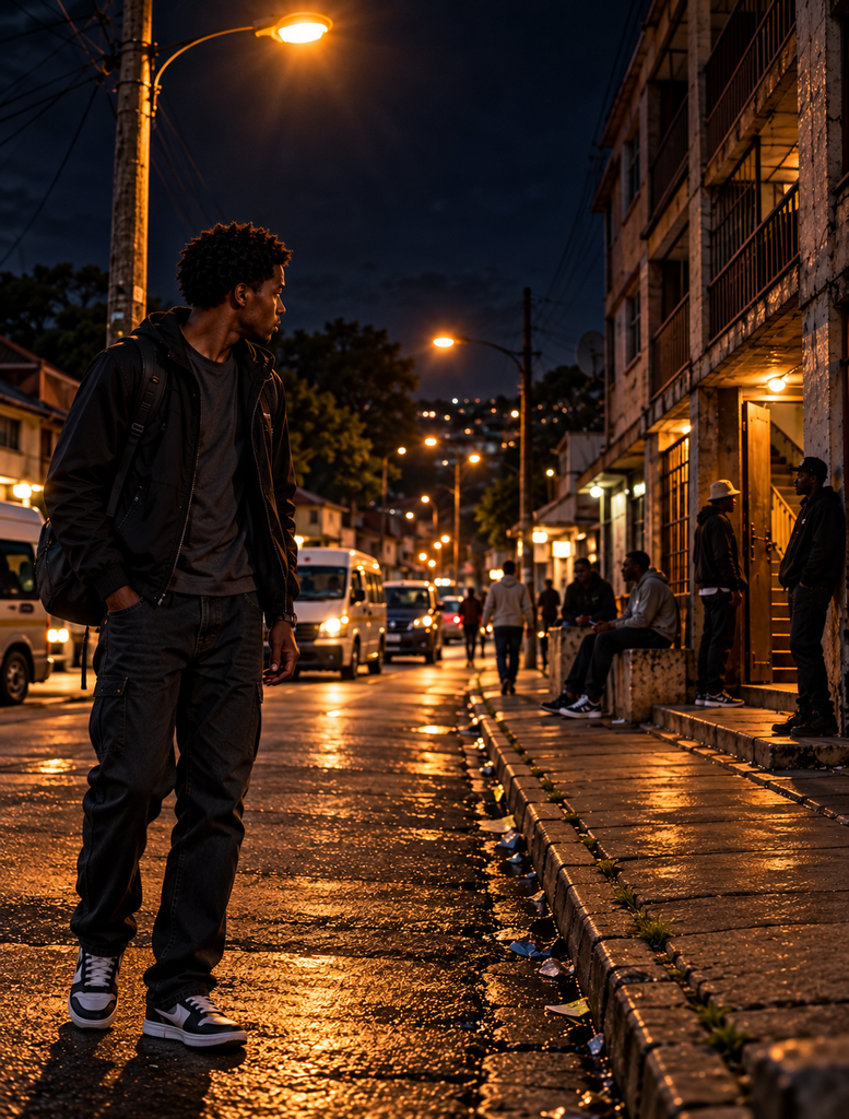 The Streets I Grew Up In showing the young man beneath a familiar streetlight quietly reading movement along the street at night.