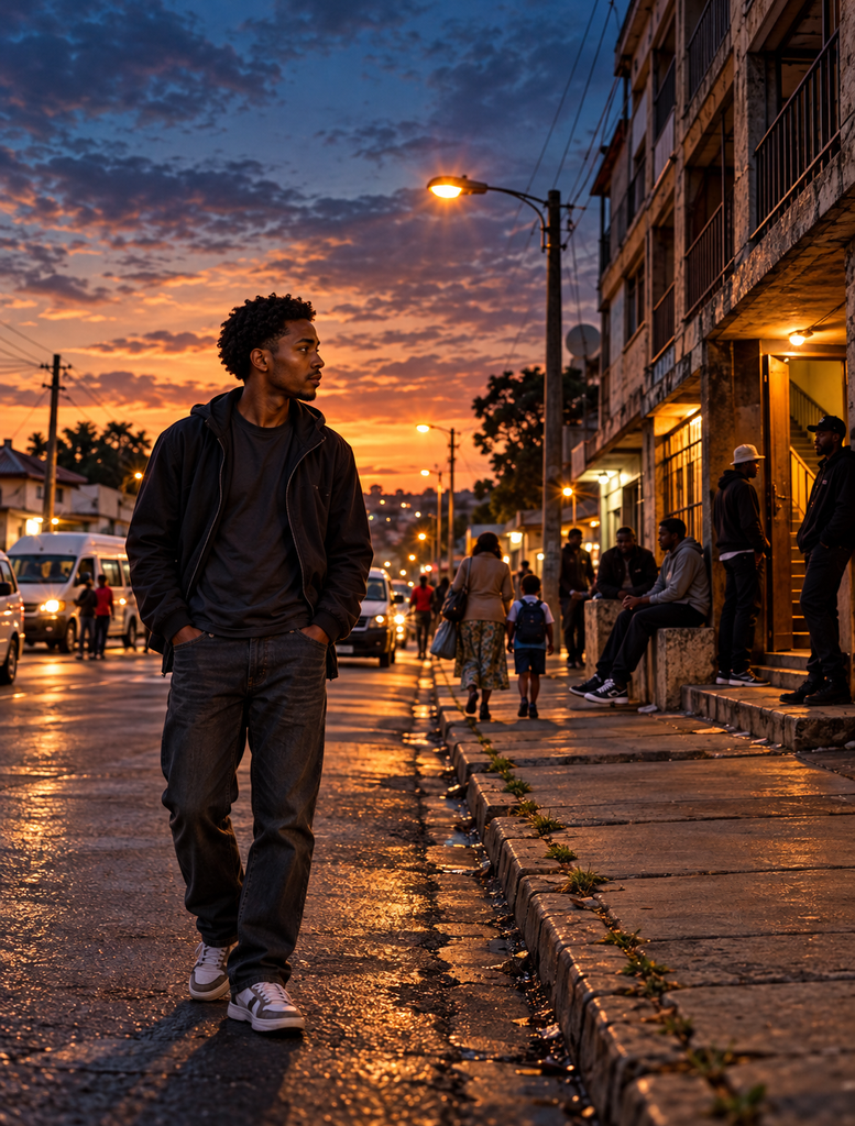 The Streets I Grew Up In showing the adult protagonist calmly observing the same South African community as evening returns.