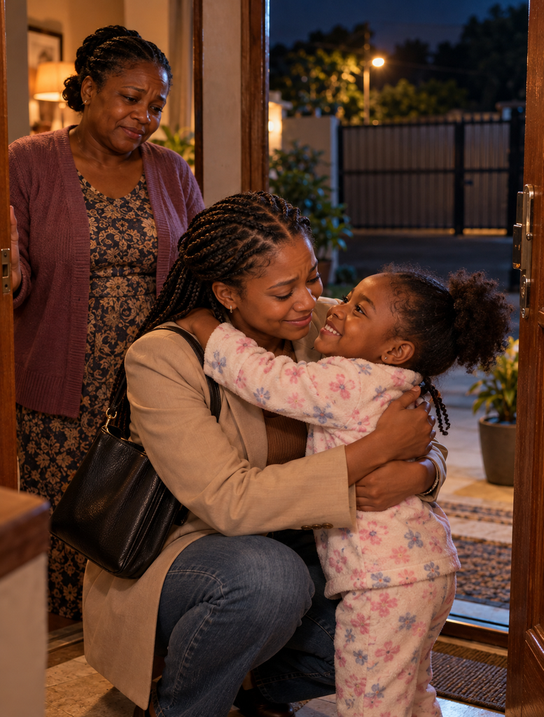 Adult Blossom embracing Bubbles' young child at the family doorway while their guardian watches quietly at night.