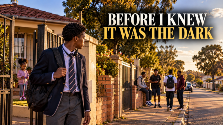 Knew It Was the Dark – teenage Mpumelelo outside his Orkney home watching neighbourhood boys socialise