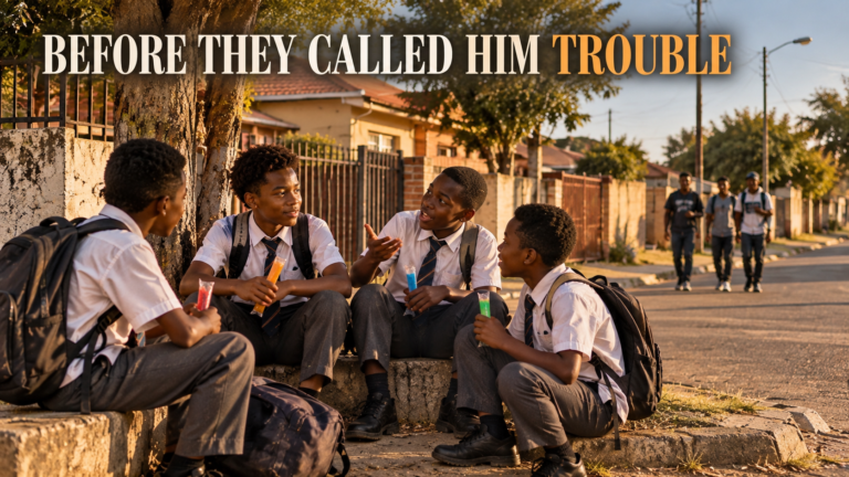 Before they called him trouble, four South African schoolboys sit at their neighbourhood corner talking after school.