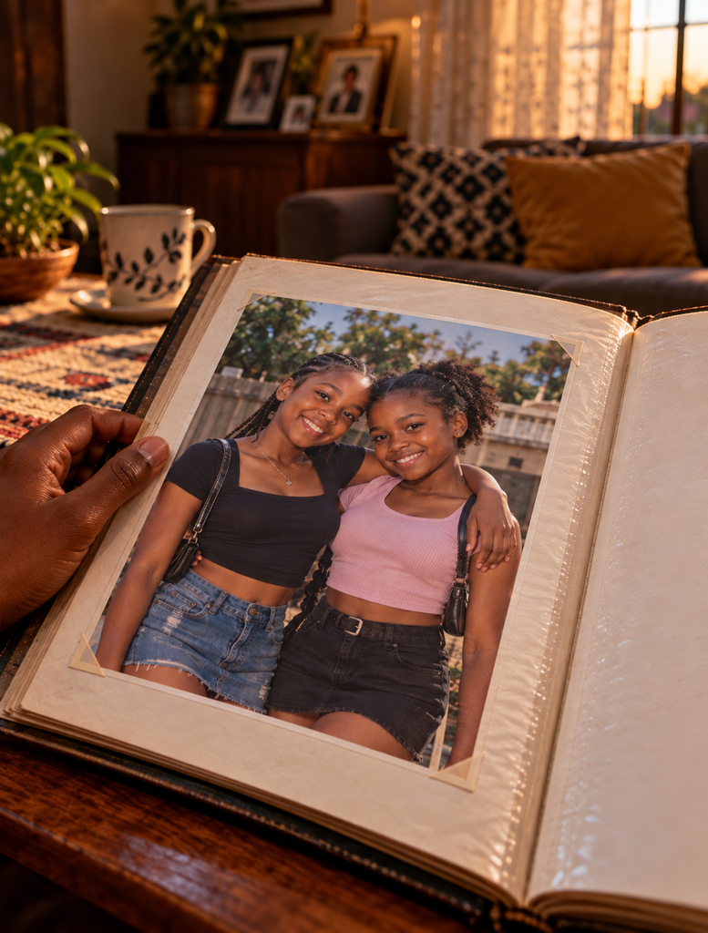 The Girl They All Noticed photo album showing Bubbles and Buttercup together in their final Youth Day photograph beside an empty page.