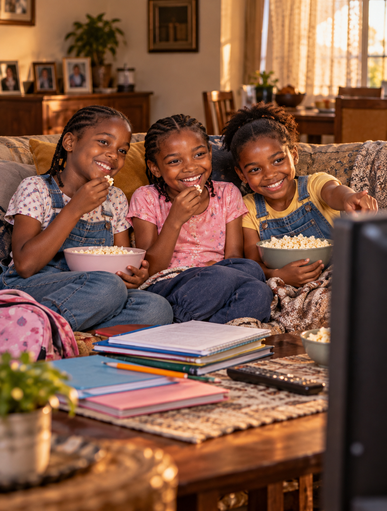 Three childhood friends enjoying cartoons together after completing homework in a South African family home.
