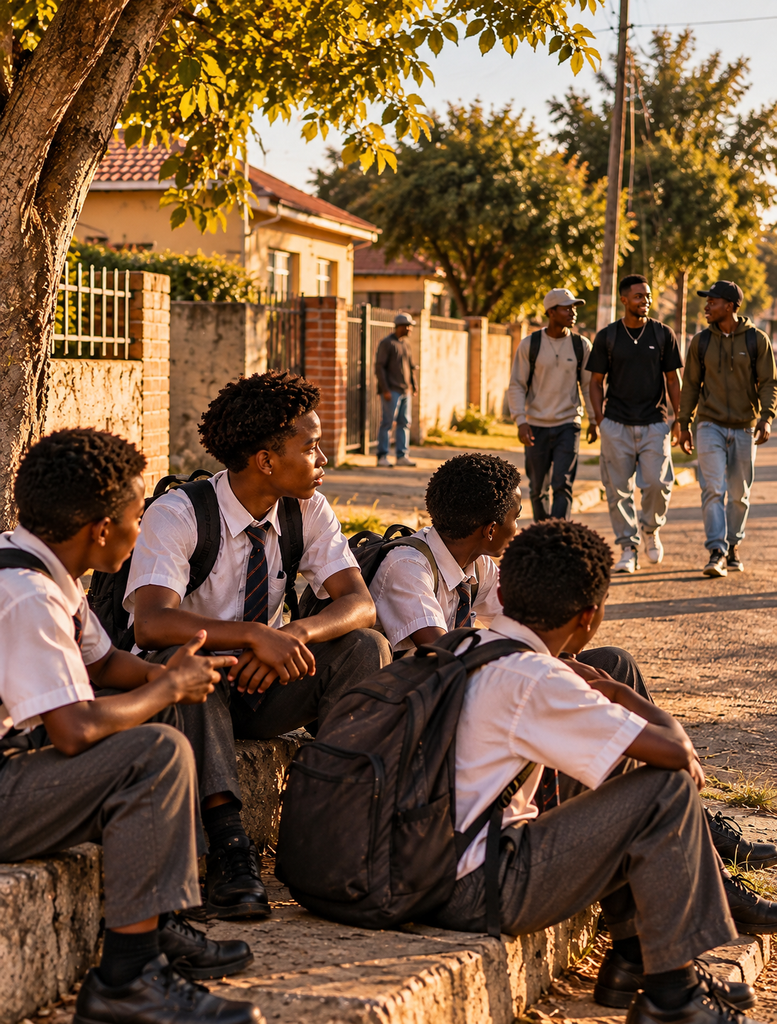 Young South African schoolboy quietly observes the older boys recognised around his neighbourhood.