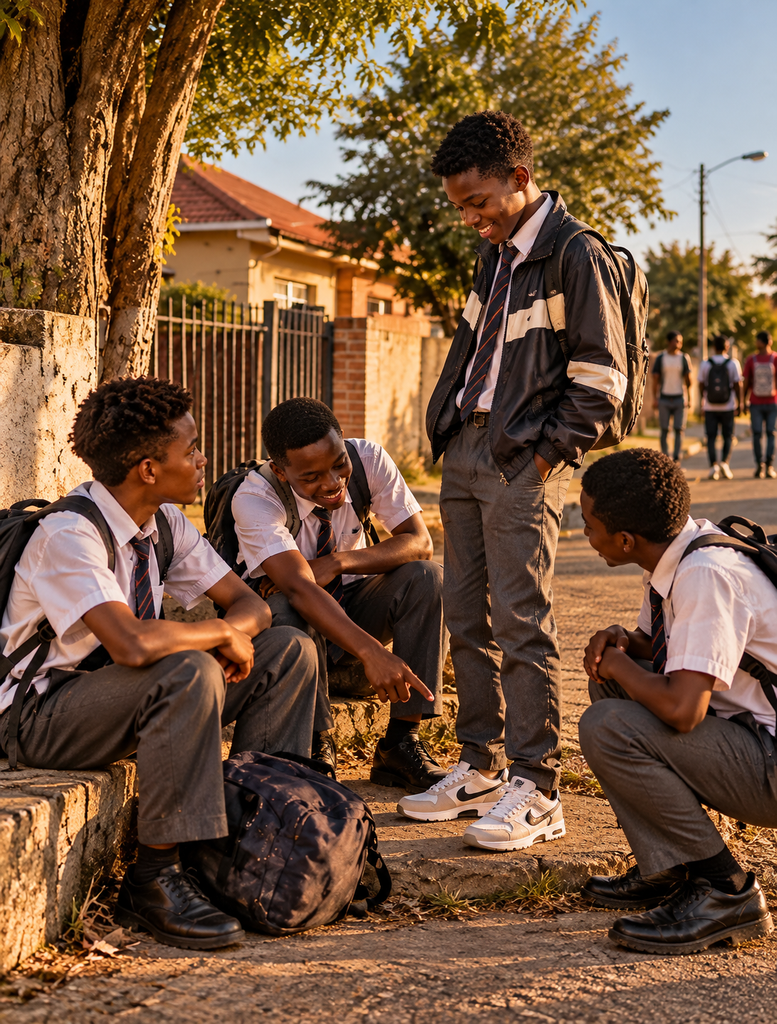 Before they called him trouble, a schoolboy watches his friends give attention to a better-dressed peer.