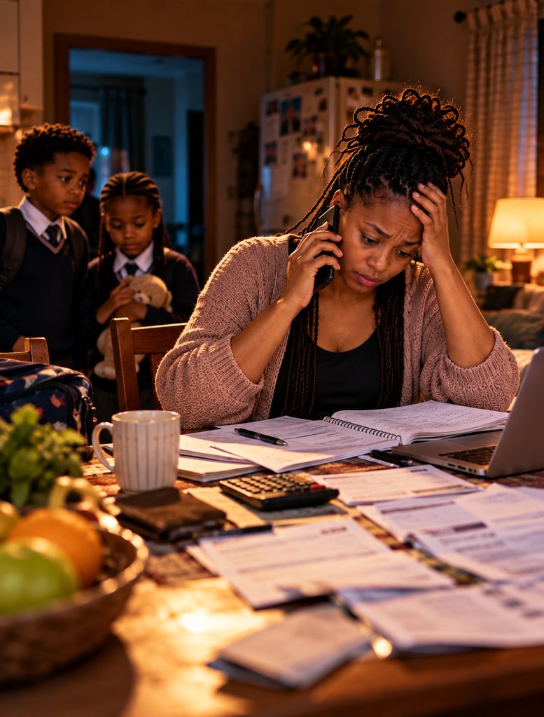 The Woman Who Chose Survival sitting at her kitchen table, overwhelmed by financial pressure while speaking on the phone.
