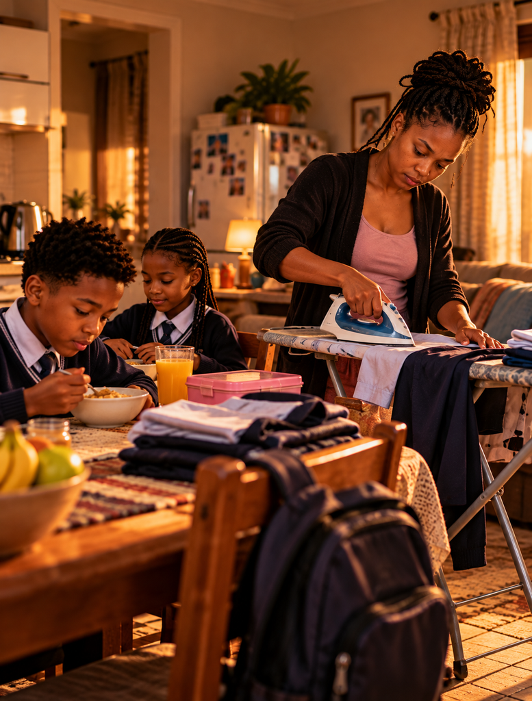 A South African mother balancing household responsibilities and late-night studying while caring for her two children.