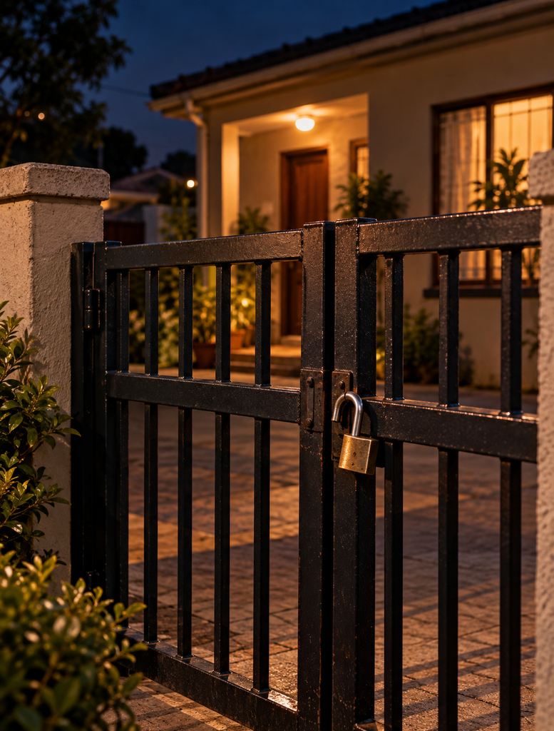 Closed black metal gate with an unfastened padlock outside a warmly illuminated South African family home at night.
