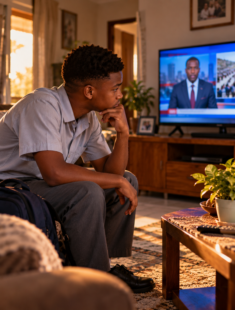 The Boy They Needed watching a television news report before leaving for school.