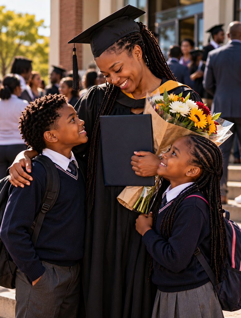 A proud South African mother celebrating her university graduation alongside her two children.