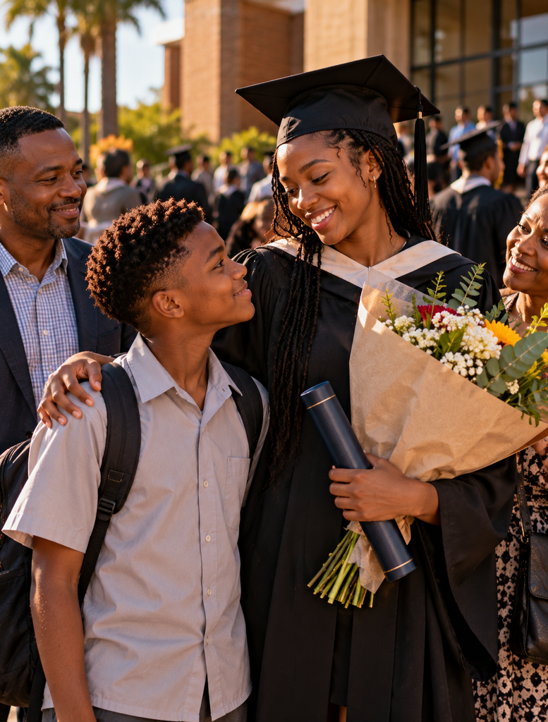 An older sister celebrating her university graduation and the future she worked toward.