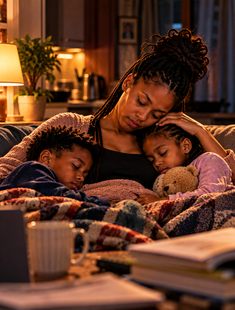 The Woman Who Chose Survival holding her two sleeping children close on the family sofa during a quiet evening at home.