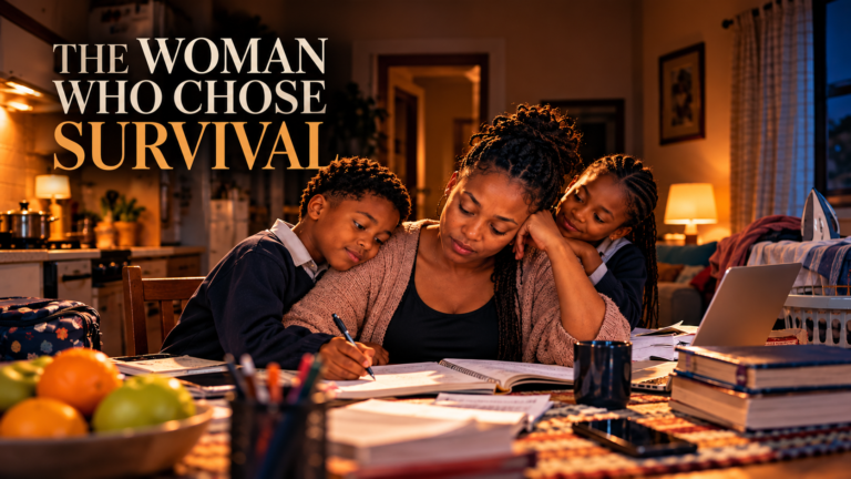 The Woman Who Chose Survival studying late at night while her two children sleep safely inside their South African family home.