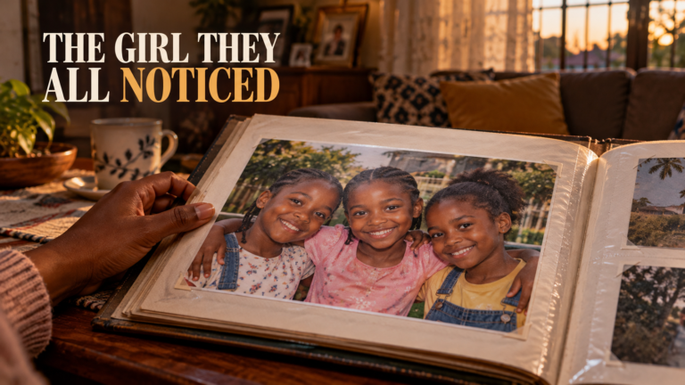 The Girl They All Noticed photo album showing three childhood friends, Bubbles, Blossom and Buttercup, smiling together.