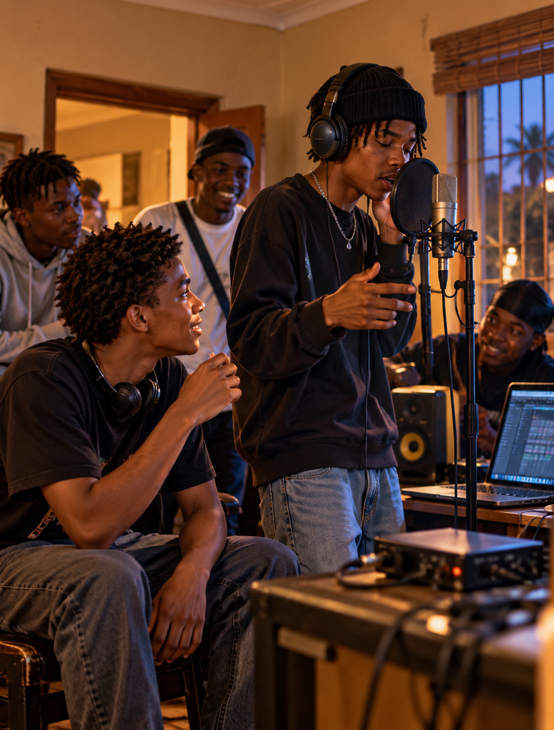 Young rappers collaborating inside a modest Klerksdorp home studio as different music circles connect