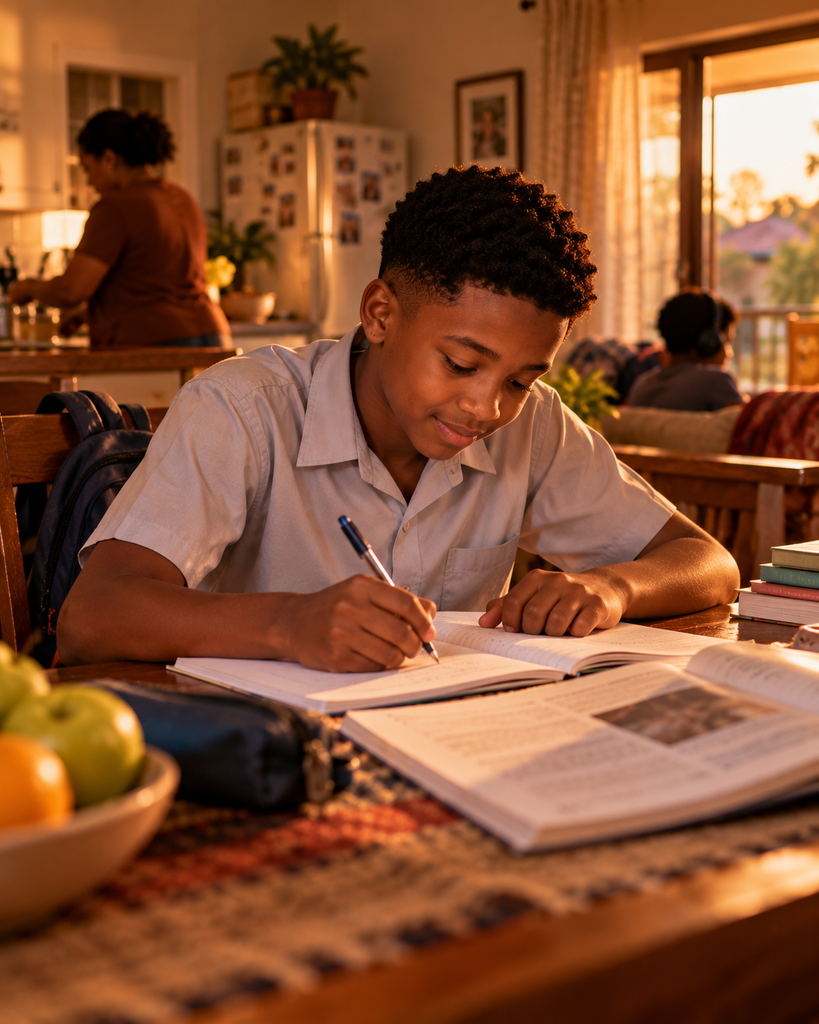 A South African schoolboy completing homework at his family table after school.