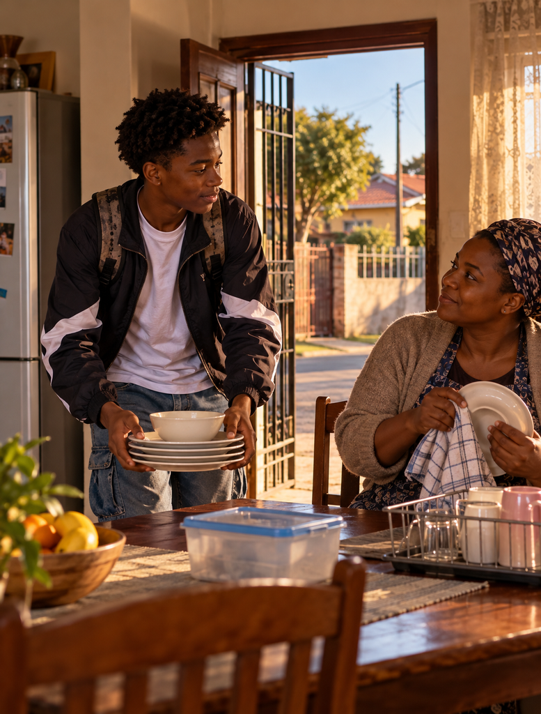 Before they called him trouble, the same boy helps his mother with an ordinary household task at home.