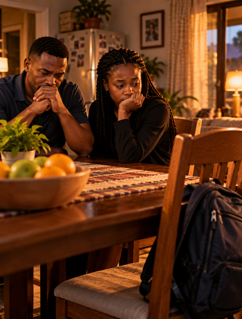 A worried father and daughter sitting together beside an empty chair and school bag.